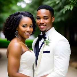 An elegant wedding couple smiling together outdoors, with the bride wearing a strapless white wedding dress and the groom in a white tuxedo with a black bow tie, surrounded by lush green foliage.